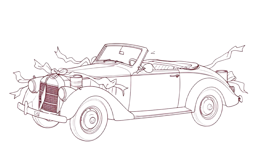 Line drawing of a vintage convertible car decorated with ribbons