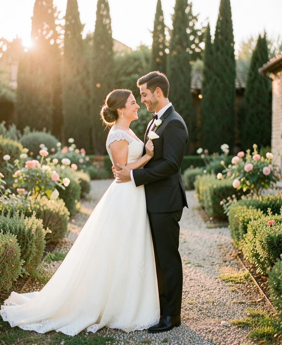 Kimberlie and Prince Hamdan embracing in a garden at golden hour